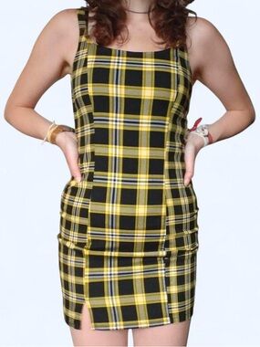 Divided H&M Black & Yellow Plaid Mini Dress NWOT